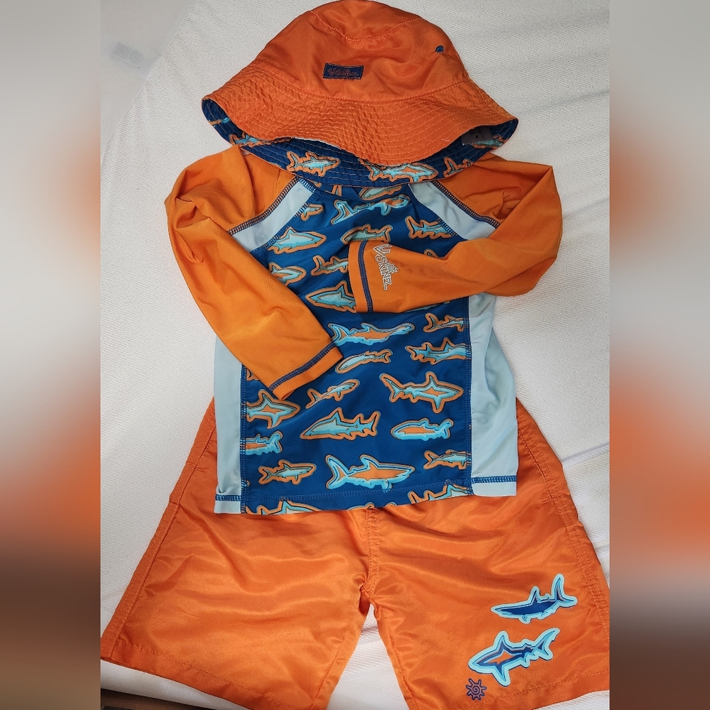 Vibrant Orange and Blue Shark Kids Rashguard Set